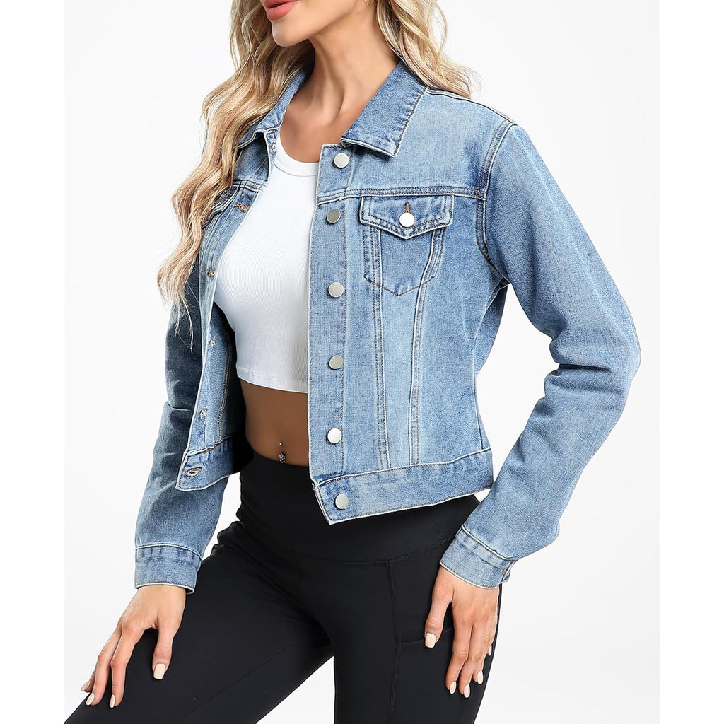 Andy & Natalie Women'S Denim Jackets Cropped Long Sleeve Basic Button Down Crop Jean Shacket With Pockets
