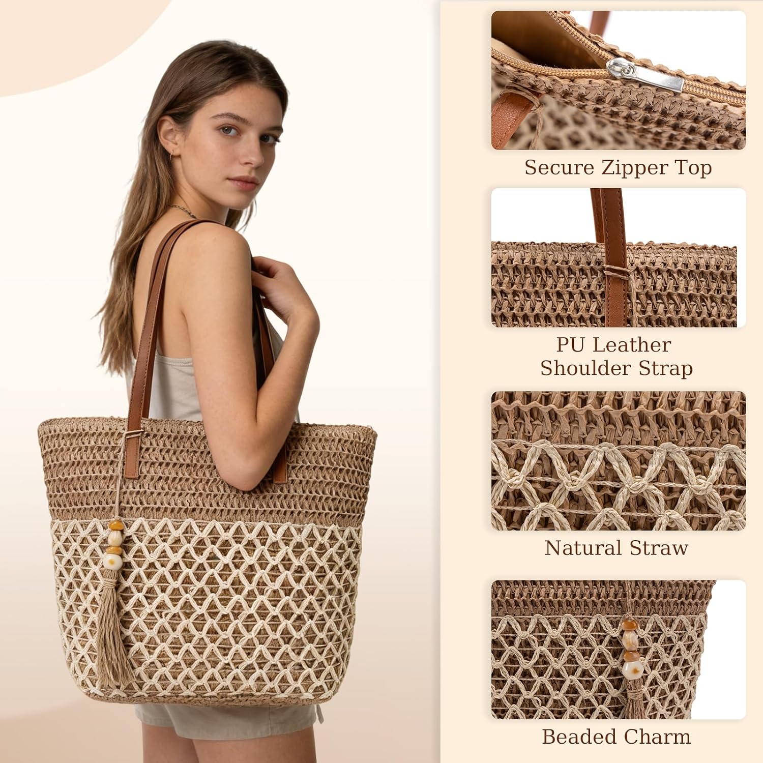 Straw Tote Bag For Women: Handwoven Beach Purse With Cutout Design For Travel & Pool Day | Lightweight