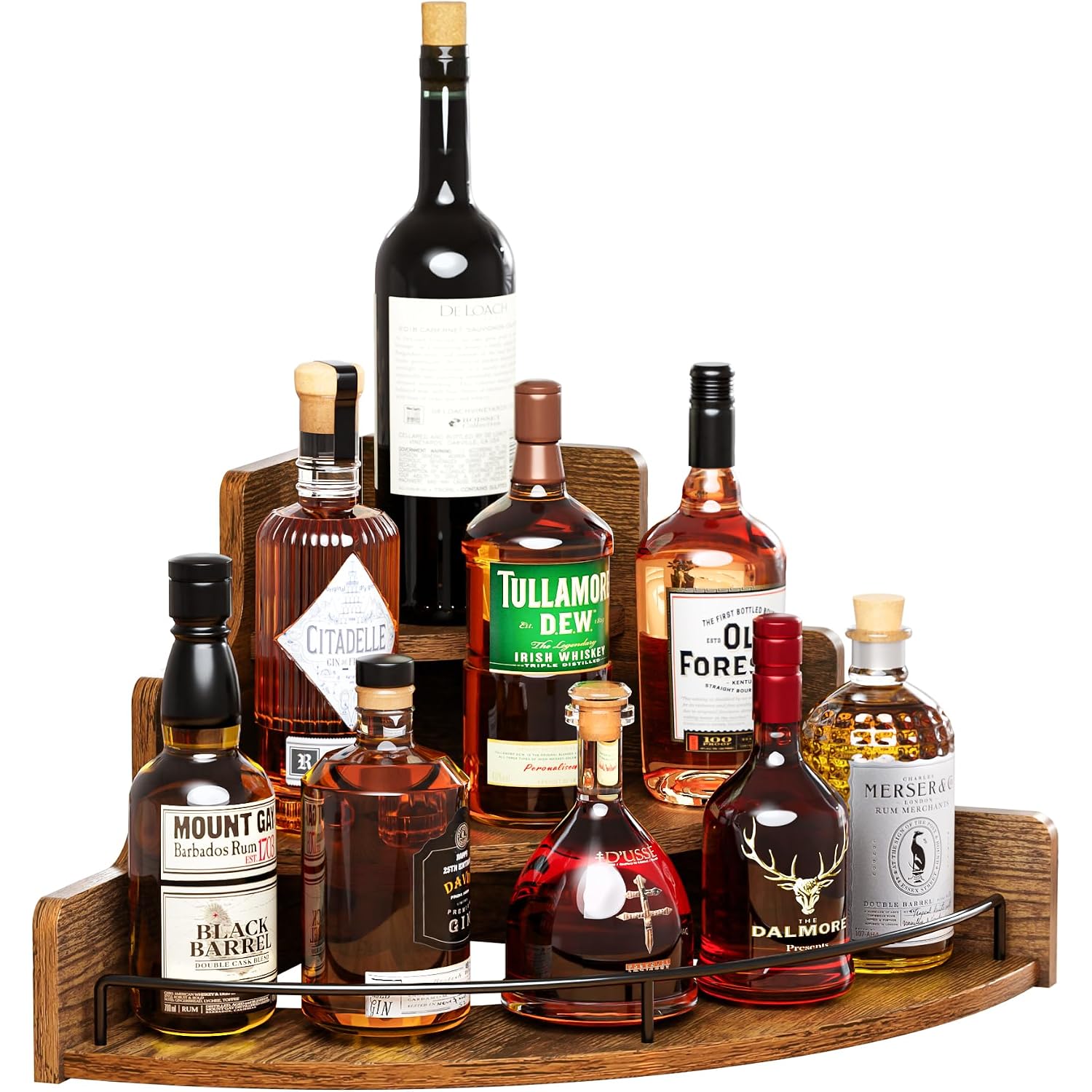 Klm Liquor Bottle Display Corner Shelf, Coffee Syrup Rack Organizer, 3 Step Countertop Liquor Wine Rack, Mini Bar, Liquor Cabinet, Home Retro Bar Shelf Stand For Liquor Whiskey. (Brown)