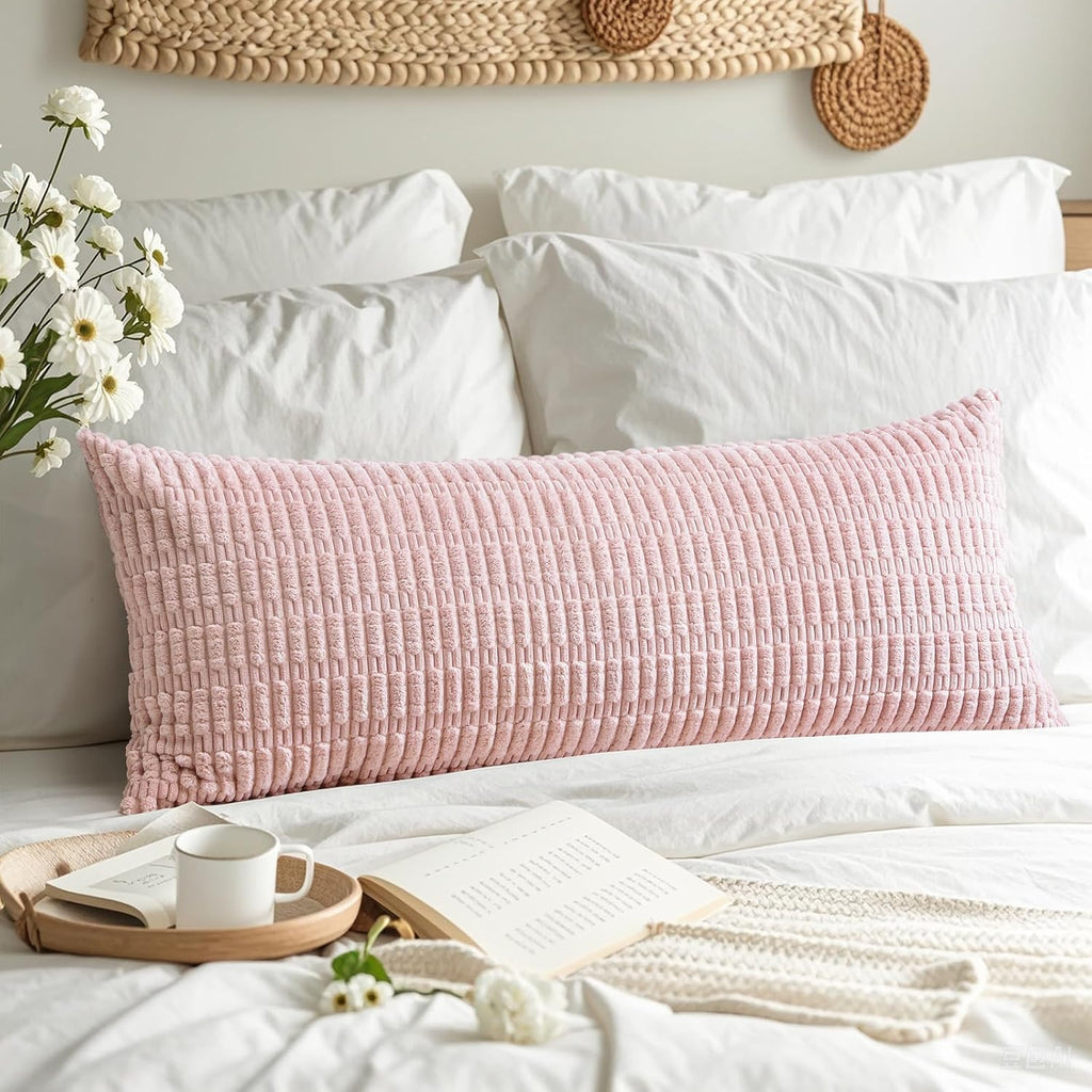 Otostar Corduroy Decorative Lumbar Throw Pillow Cover 14X36 Inch Super Soft Boho Striped Rectangle Pillow Covers Case Modern Cushion Covers For Sofa Couch Bedroom Car Decor Pink