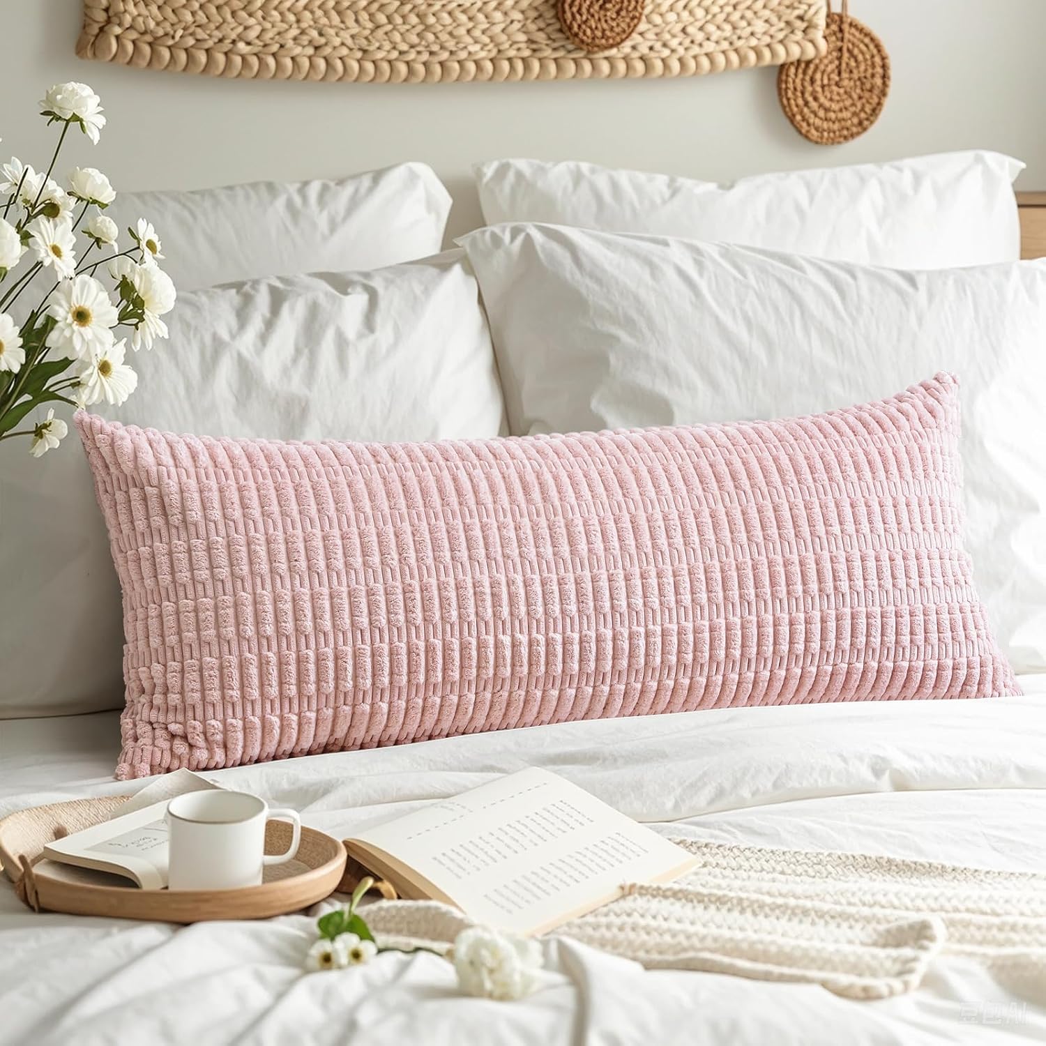 Otostar Corduroy Decorative Lumbar Throw Pillow Cover 14X36 Inch Super Soft Boho Striped Rectangle Pillow Covers Case Modern Cushion Covers For Sofa Couch Bedroom Car Decor Pink