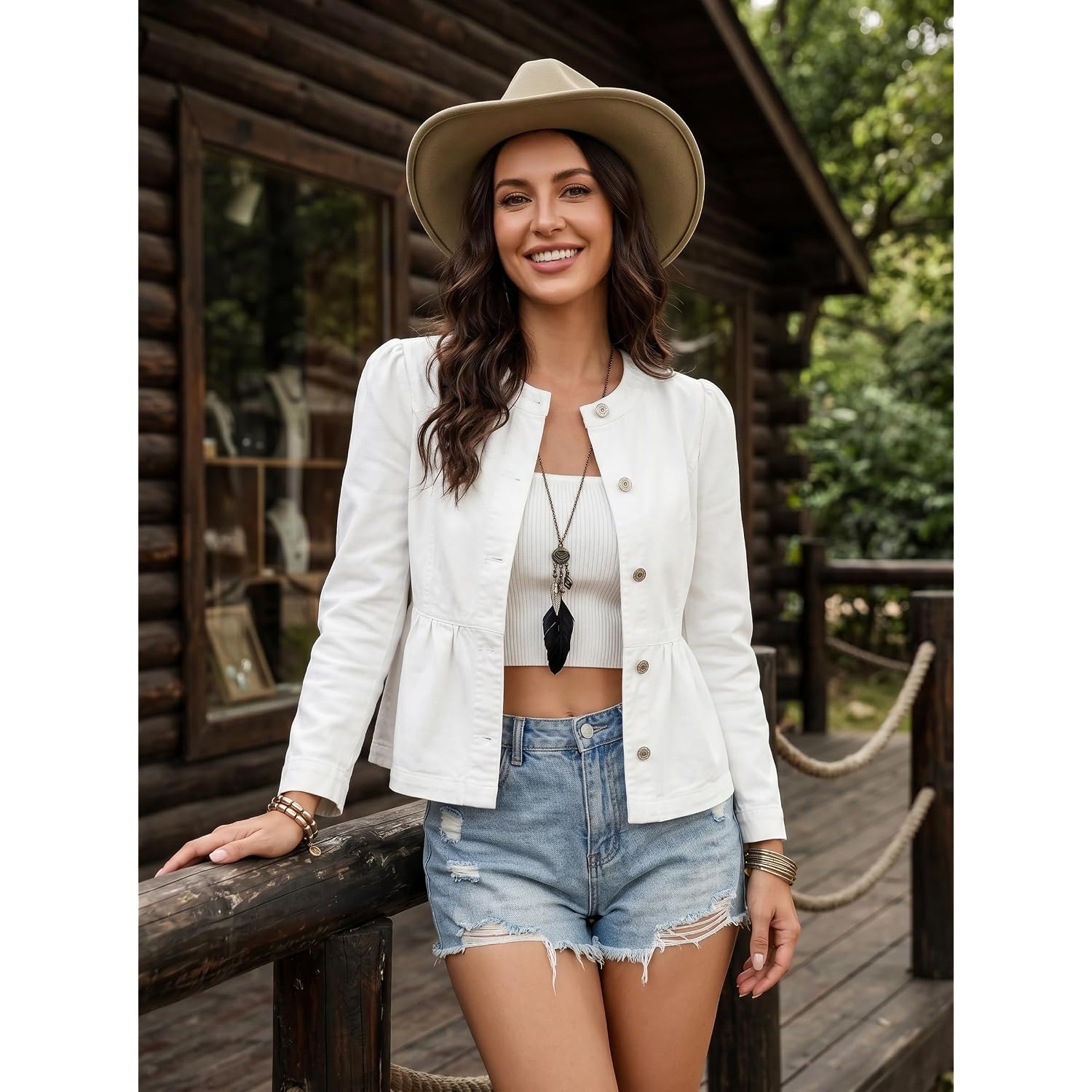 Dokotoo Cropped Jean Jacket Women Button Down Long Sleeve Collarless Cinched Waist Denim Jackets