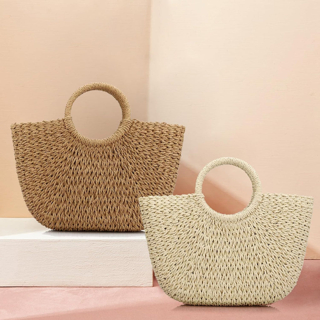 Women Summer Beach Bag, Straw Handbag Top Handle Big Capacity Travel Tote Purse Hand Woven Straw Large Hobo Bag