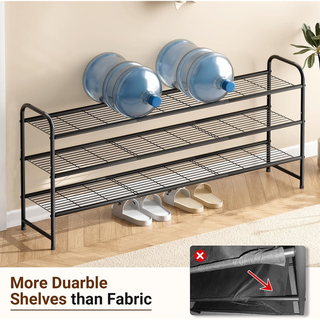 3-Tier Long Shoe Rack For Closet Metal Shoe Organizer For Entryway, Wide Stackable Shoe Storage Shelf With Sturdy Wire Grid For Closet Floor, Bedroom, Black