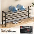 3-Tier Long Shoe Rack For Closet Metal Shoe Organizer For Entryway, Wide Stackable Shoe Storage Shelf With Sturdy Wire Grid For Closet Floor, Bedroom, Black