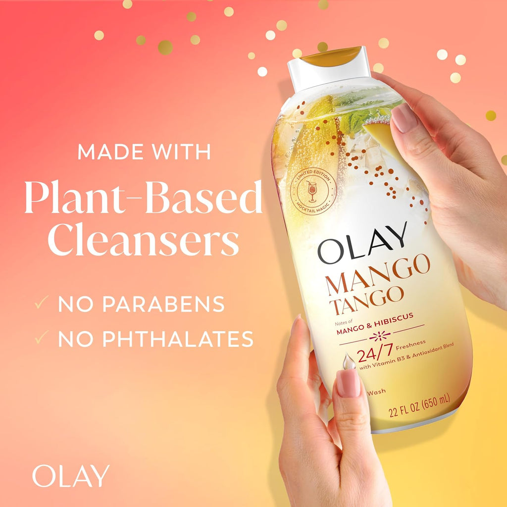 Olay Body Wash For Women, 24/7 Skin-Loving Freshness, Miami Mocktails, Plant Based Cleansers, Vitamin B3 & Antioxidant Blend, For All Skin Types, Mango Tango With Mango & Hibiscus Scent, 22 Fl Oz