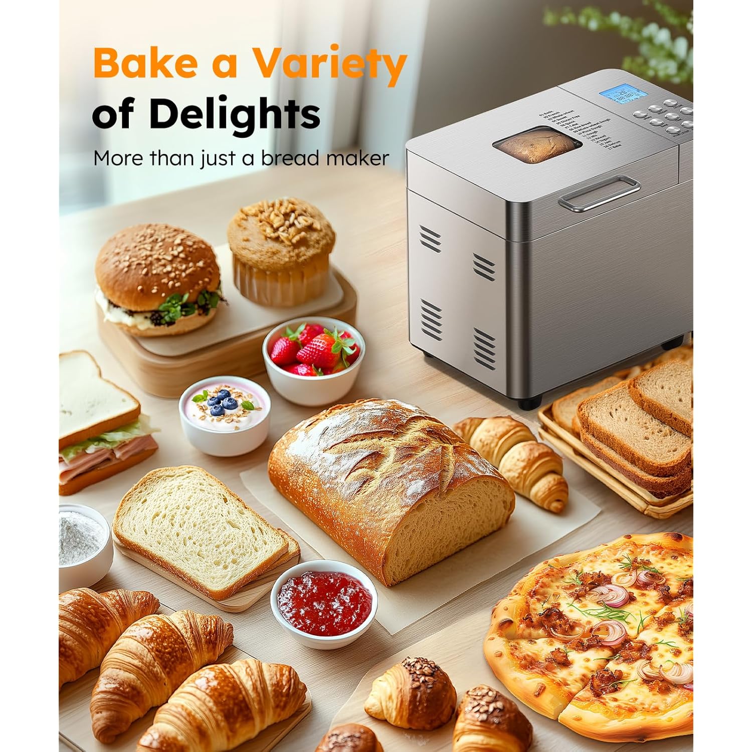 2LB Bread Maker Machine, OSIPOTO 17 in 1 Automatic Stainless Steel Bread Machine, Non-stick, Beginner-Friendly Controls, 15 Hour Timer, Easy to Clean Low Noise, High Success Rate for Homemade Bread