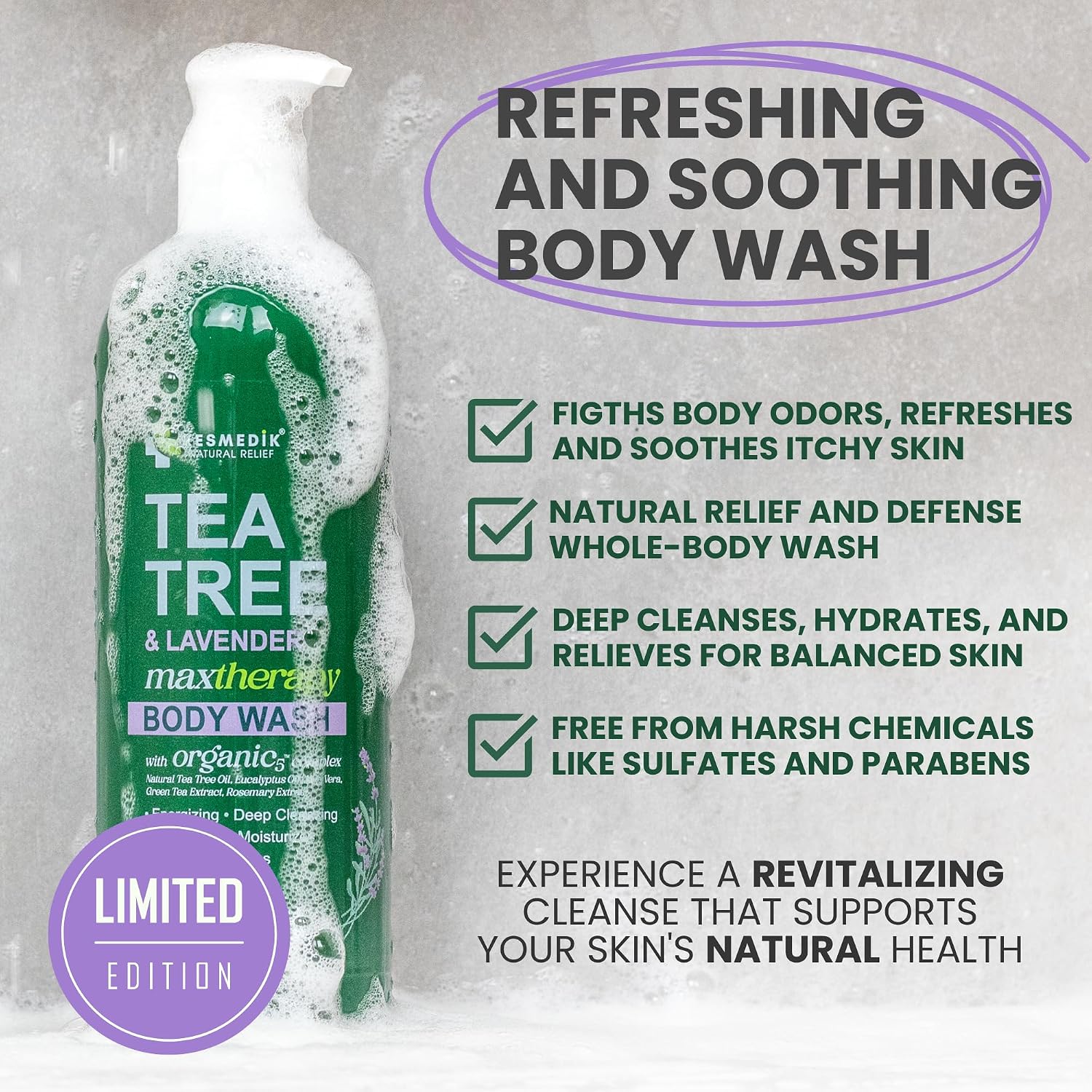 Kesmedik Tea Tree Body Wash Maxtherapy With Lavender & 100% Tea Tree Oil For Skin, Cleans, Soothes And Refreshes Sensitive, Itchy Skin, Body & Foot Soap For Men & Women, 2-Pack, Limited Edition