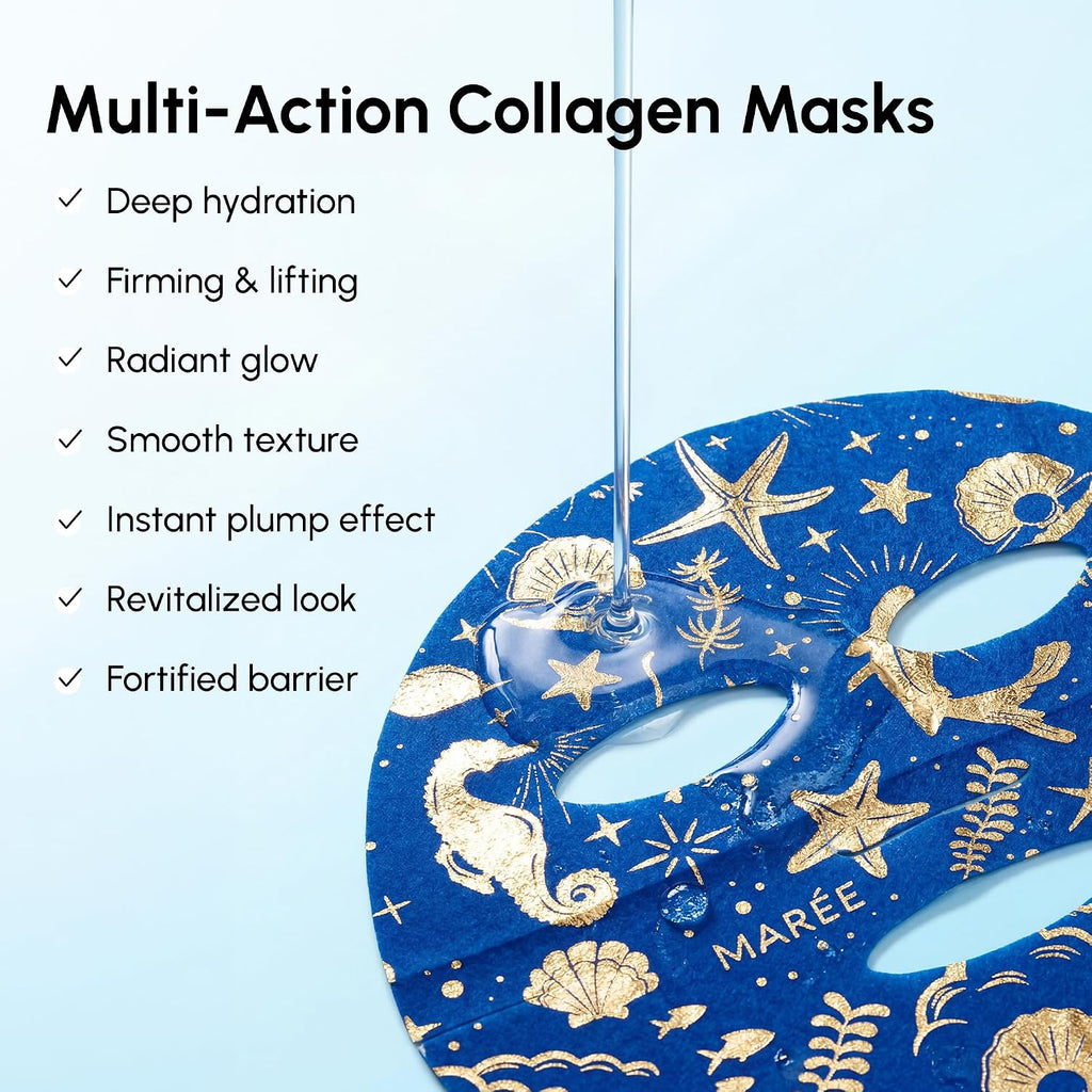 Maree Collagen Facial Mask With Hyaluronic Acid — Sheet Face Mask Skincare — Centella Asiatica, Green & Red Algae Extract — Hydrating Facemask For Women Skin Care — Mascarillas Para La Cara — 6 Count