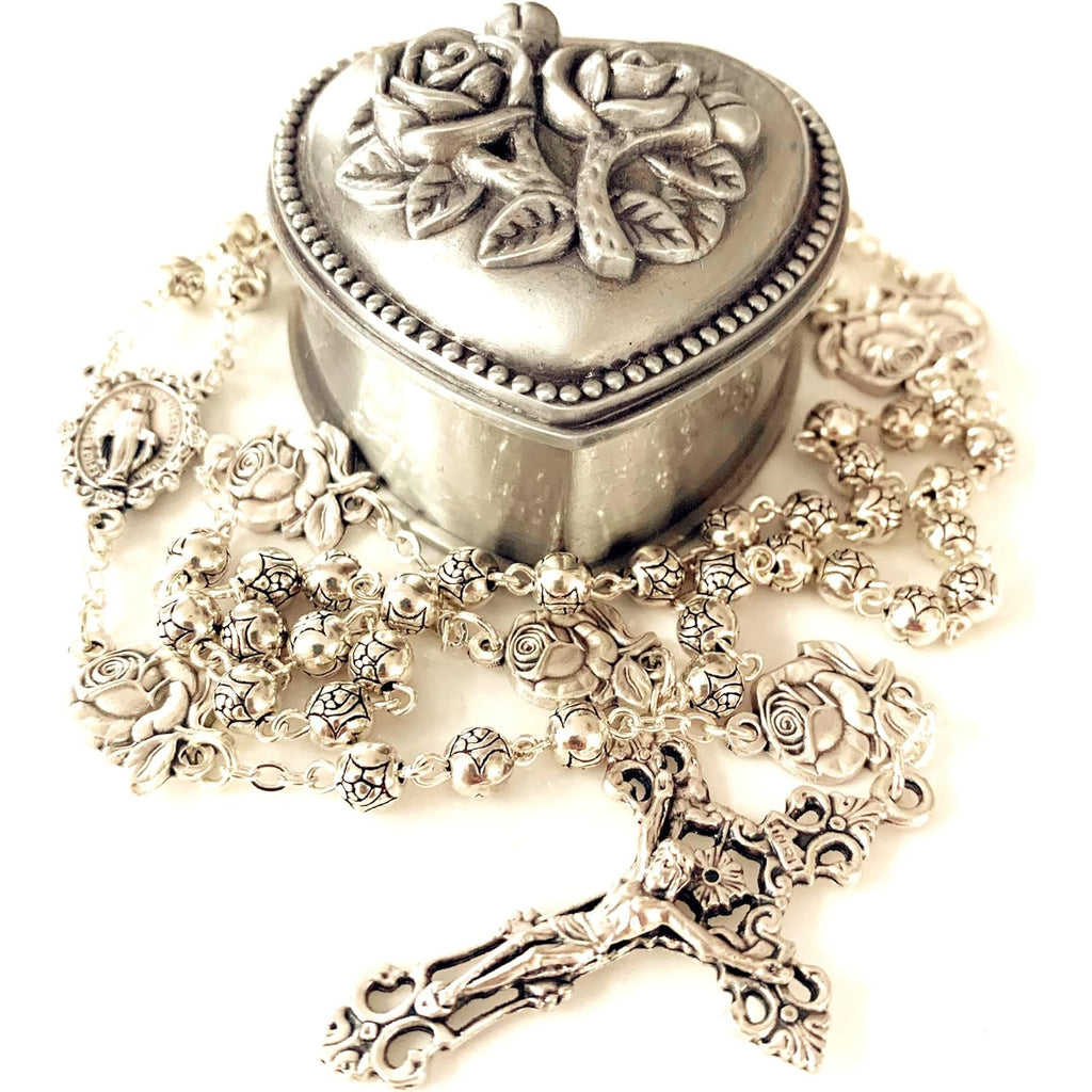 elegantmedical HANDMADE Silver rose beads Catholic 5 DECADE Rosary case Cross Gift Box Italy crucifix cross
