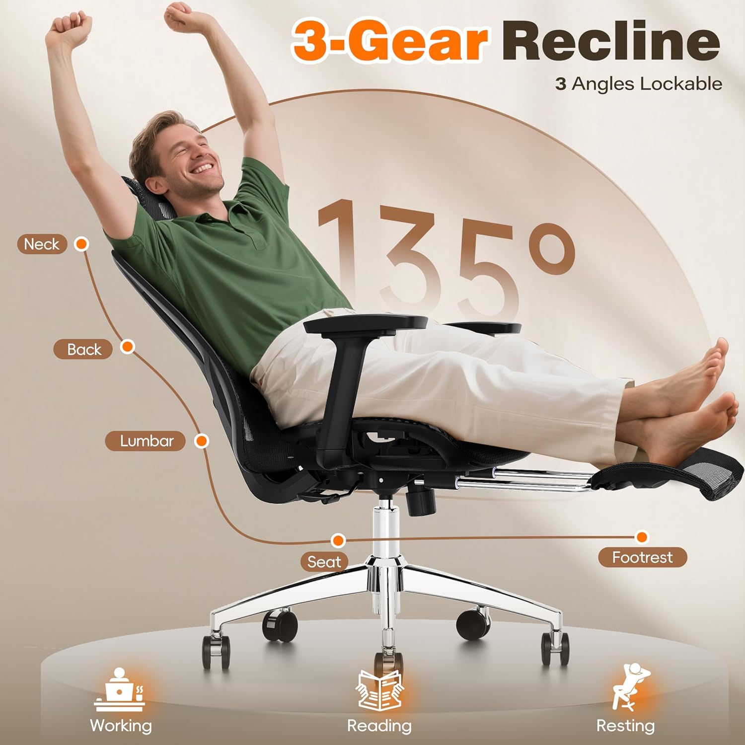 Ergonomic Office Chair With Footrest, 135° Reclining Desk Chair With Adjustable Lumbar Support,3D Armrest,Headrest & Large Steel Base, 300Lbs Heavy Duty Mesh Chair