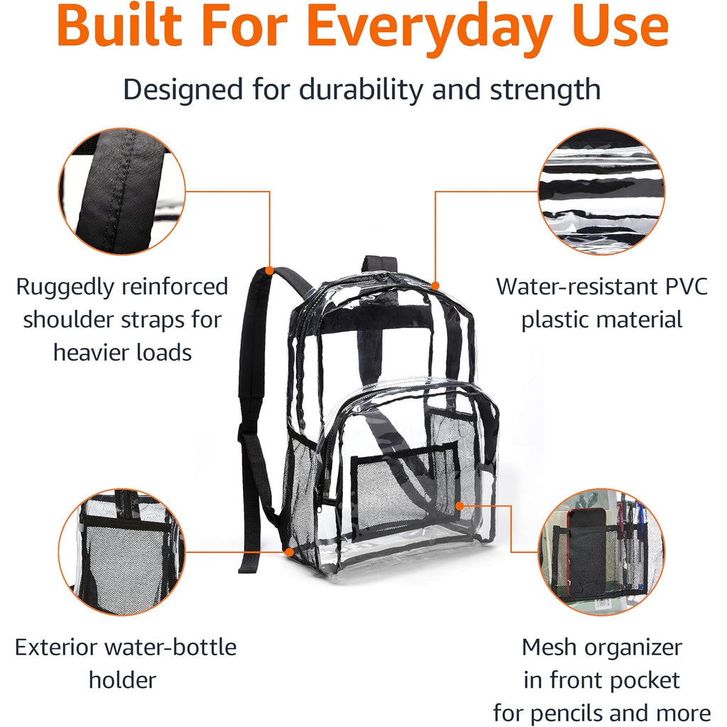 Amazon Basics Transparent Clear School Backpack, Water-Resistant Pvc Plastic, Reinforced Shoulder Straps, 17 X 7 X 13 In