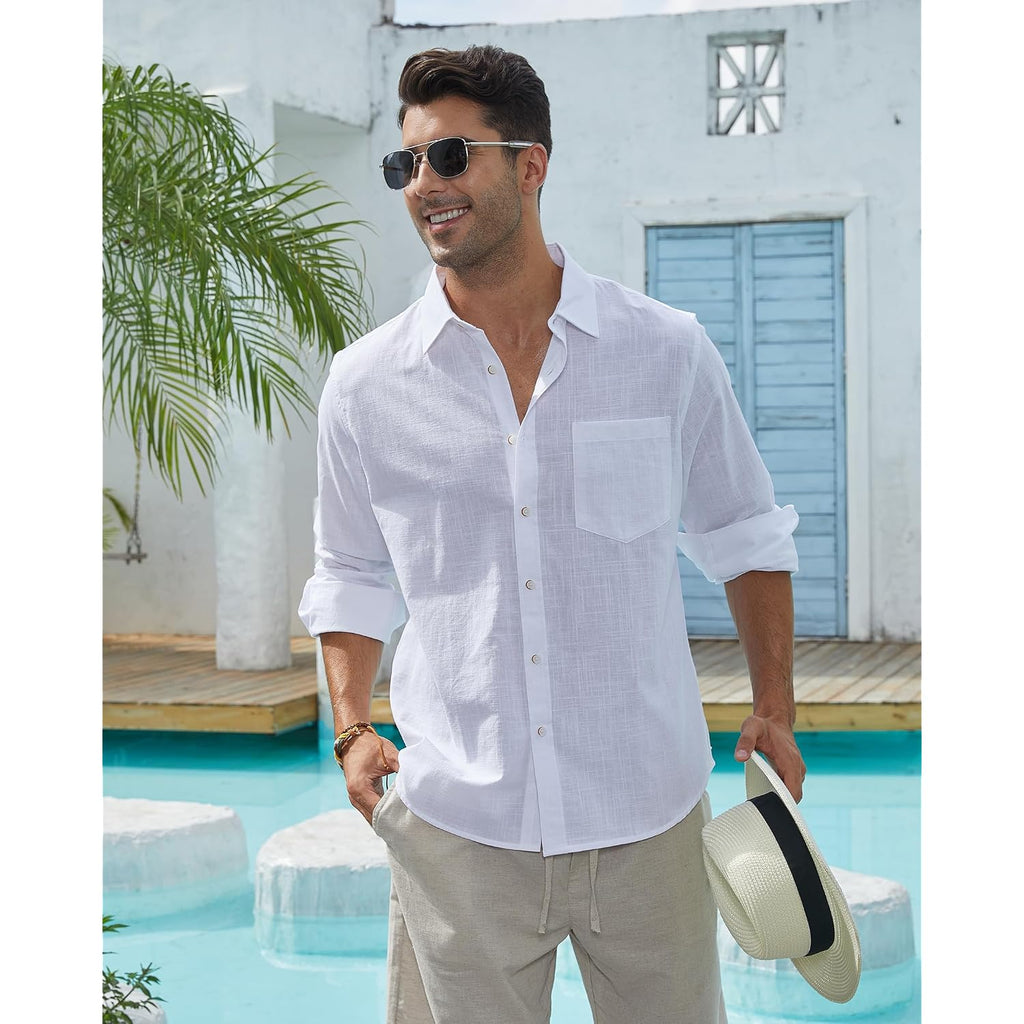 J.Ver Men'S Linen Shirts Casual Button Down Long Sleeve Shirt Solid Spread Collar Summer Beach Shirts With Pocket