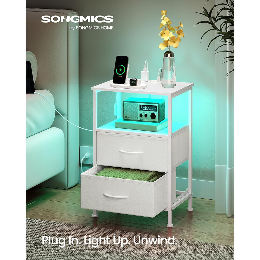 Songmics Bellah Collection - Nightstand With Charging Station And App-Controlled Adjustable Led Lights, Bed Side Table, 2 Drawers And 1 Open Shelf, Modern, Cloud White And Snow White Ulgs302Wh01S
