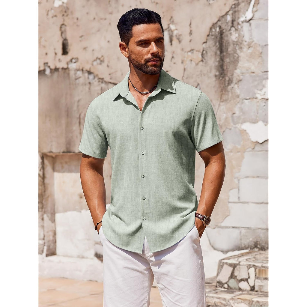 Coofandy Mens Button Down Short Sleeve Shirt Casual Beach Linen Shirts Wedding Summer Vacation Shirt
