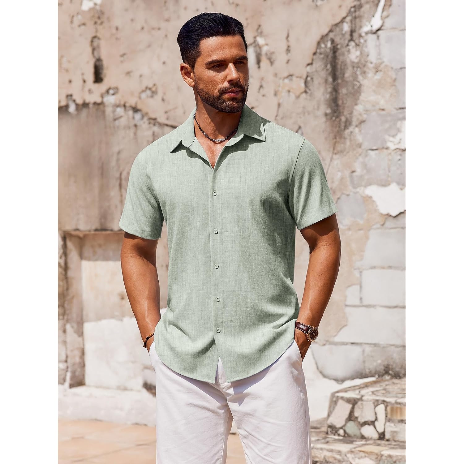 Coofandy Mens Button Down Short Sleeve Shirt Casual Beach Linen Shirts Wedding Summer Vacation Shirt