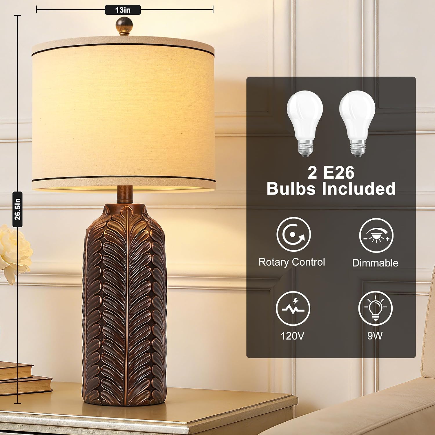 26.5'' Living Room Lamps Set Of 2, Resin Table Lamp For Bedroom | Handcrafted Rustic Design, 3 Color Dimmable, Linen Lampshade, 2 E26 Bulbs, Room Decor, Lamp For Nightstand Hallway Entryway