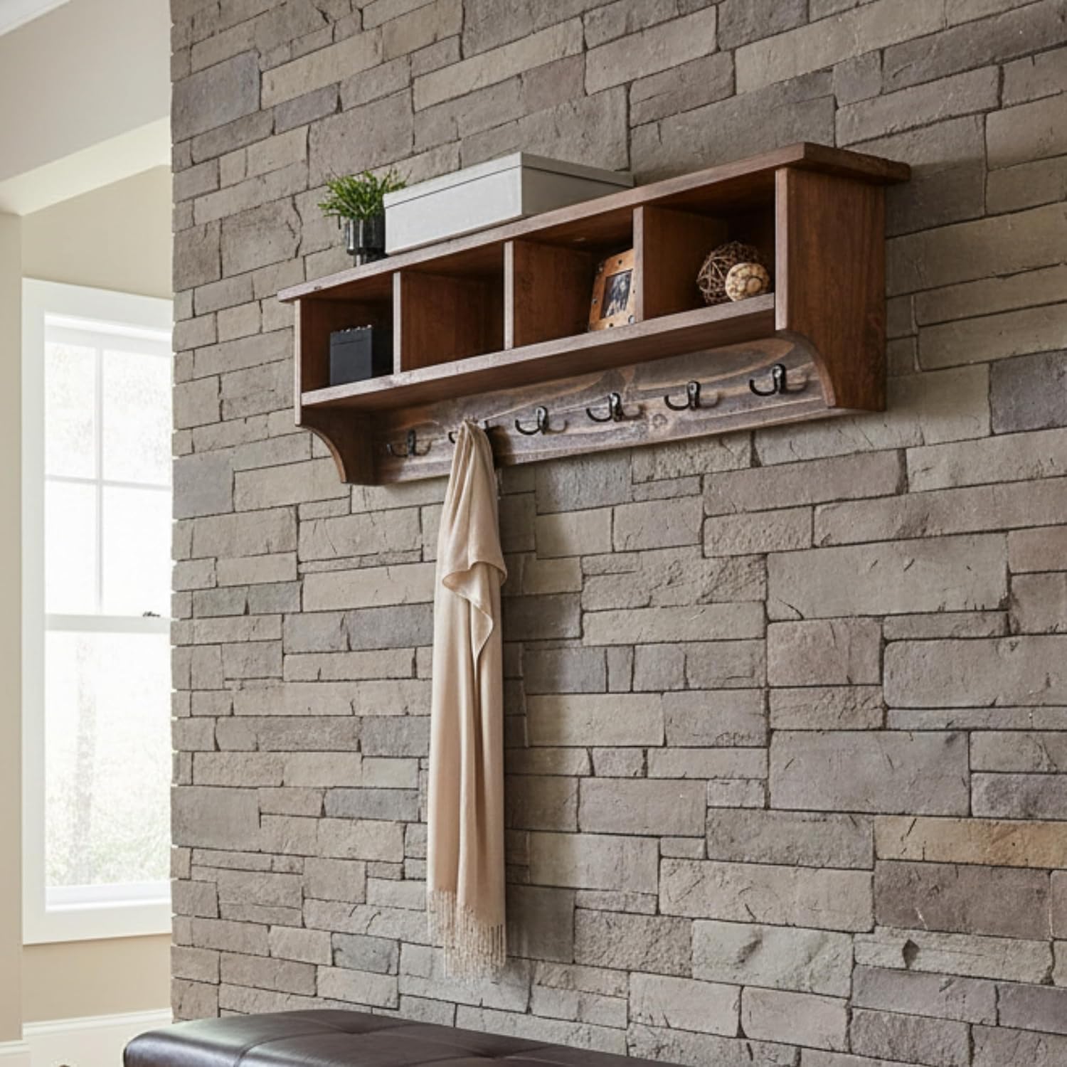 Pomona Solid Wood Entryway Coat Rack With Cubbies, Rustic Brown, 48 Inch | Wall-Mounted Coat Rack With 6 Double Hooks And 4 Open Cubbies, Rustic Farmhouse Mudroom Storage By Alaterre Furniture