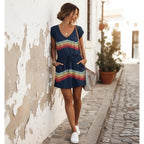 Womens Summer Dress Lantern Sleeve V Neck Tie Front Drawstring Mini Dress