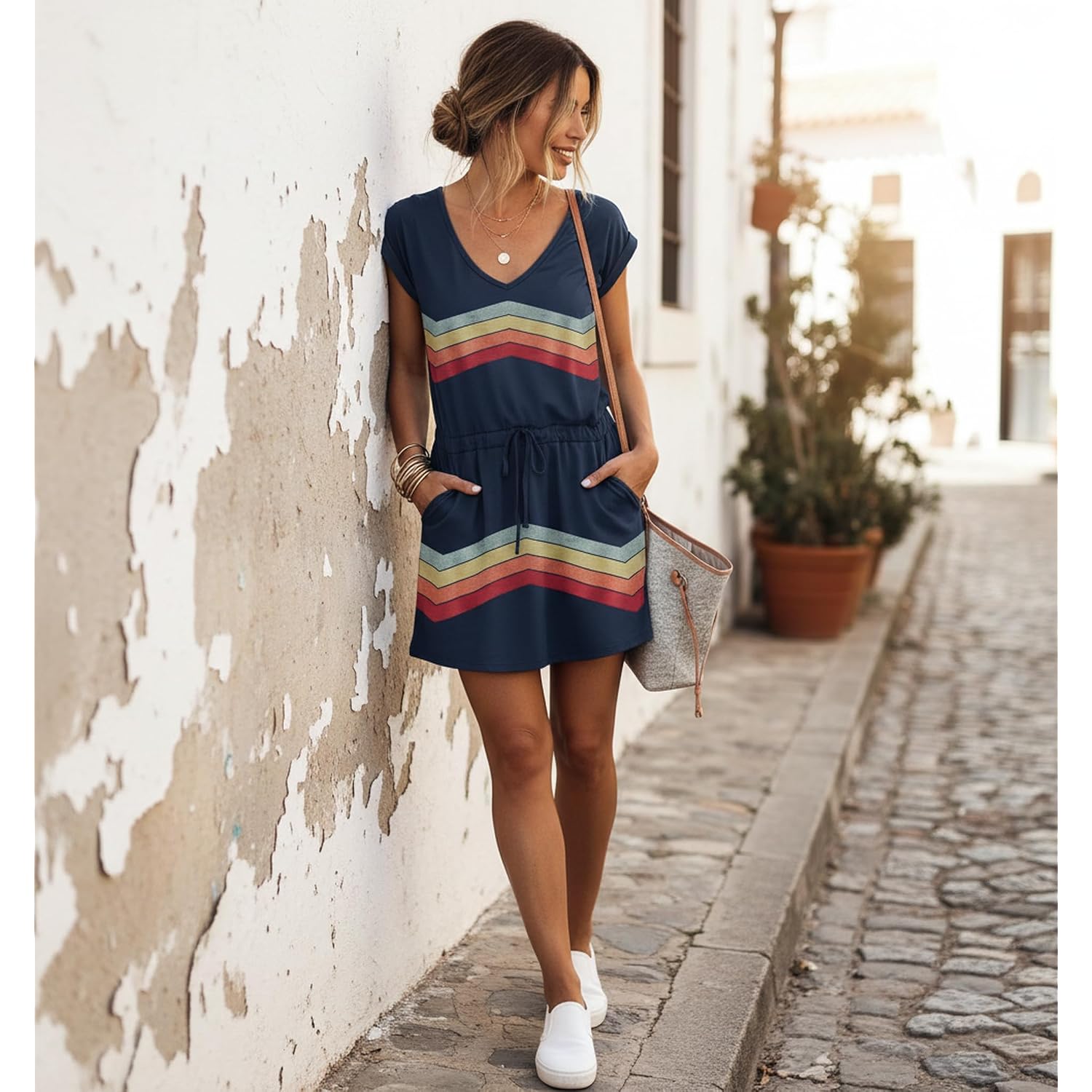 Womens Summer Dress Lantern Sleeve V Neck Tie Front Drawstring Mini Dress
