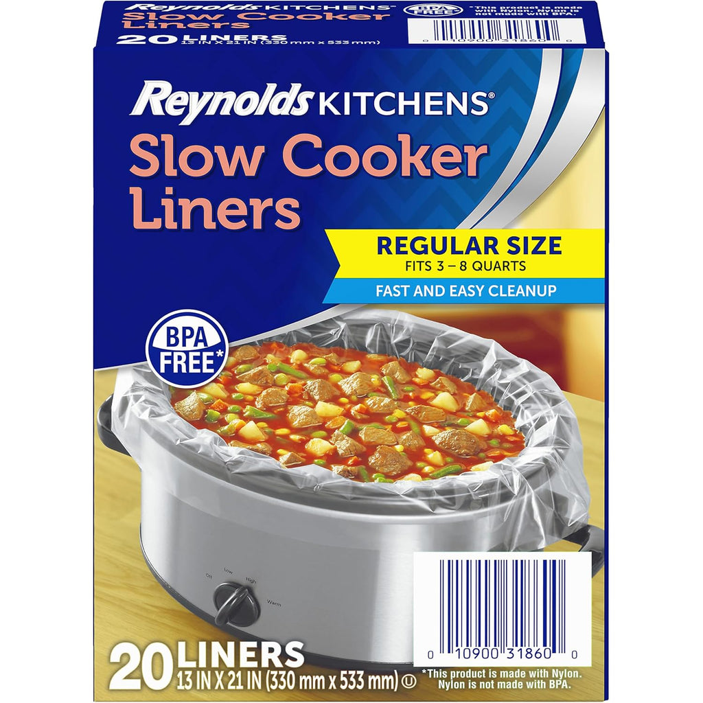 Reynolds Kitchens Bulk Slow Cooker Liners, 20 Count, Fits 3-8 Quart Round and Oval Slow Cookers, Regular Size, BPA-Free Nylon Blend Construction, Heat-Resistant Up to 400F, Prevents Stuck on Food