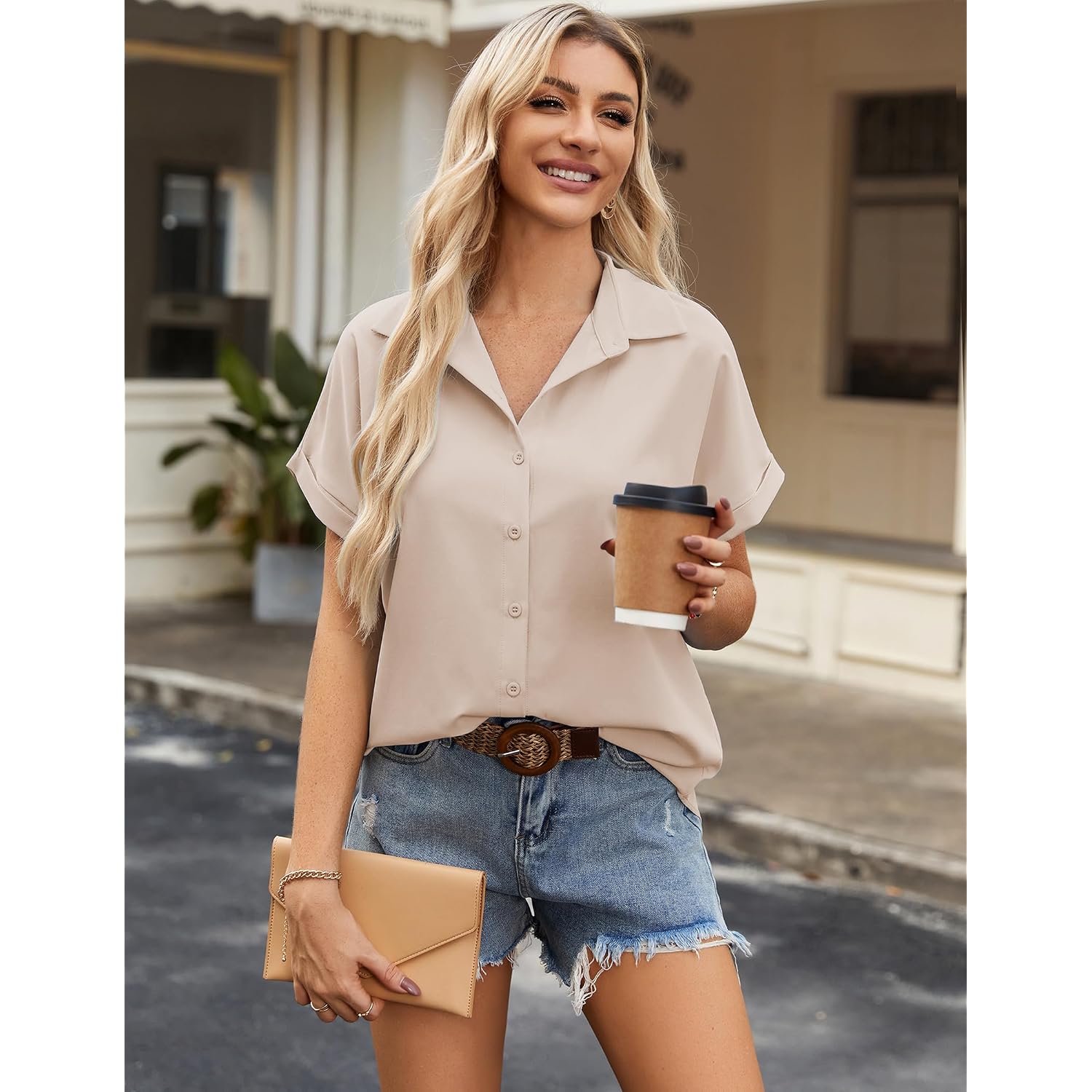 Zeagoo Short Sleeve Summer Tops For Women Casual Button Down Shirts Solid/Striped Business Work Blouses