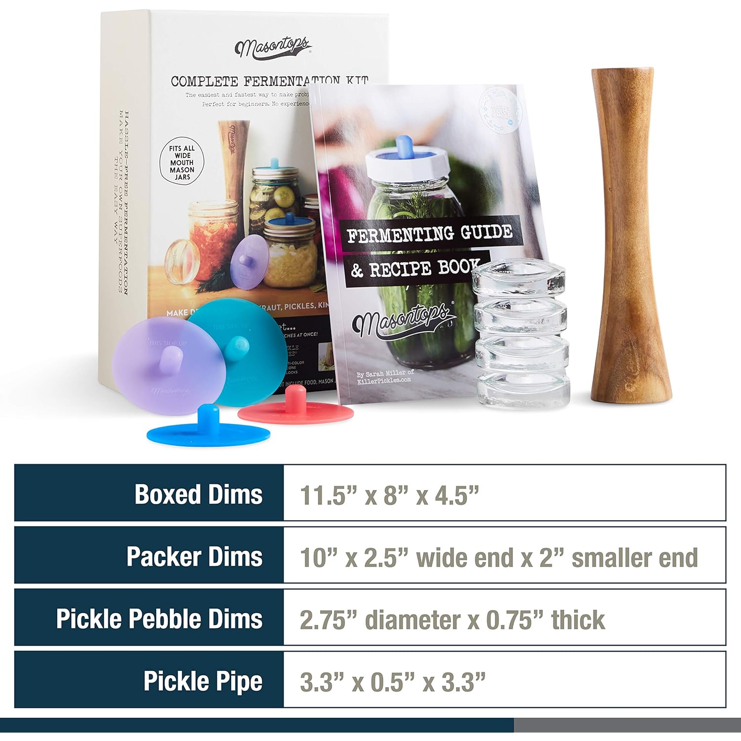 Masontops Complete Mason Jar Fermentation Kit - Pickle Kit, Sauerkraut Making Kit Kimchi Container - Fermentation Airlock Lids Wide Mouth Mason Jars