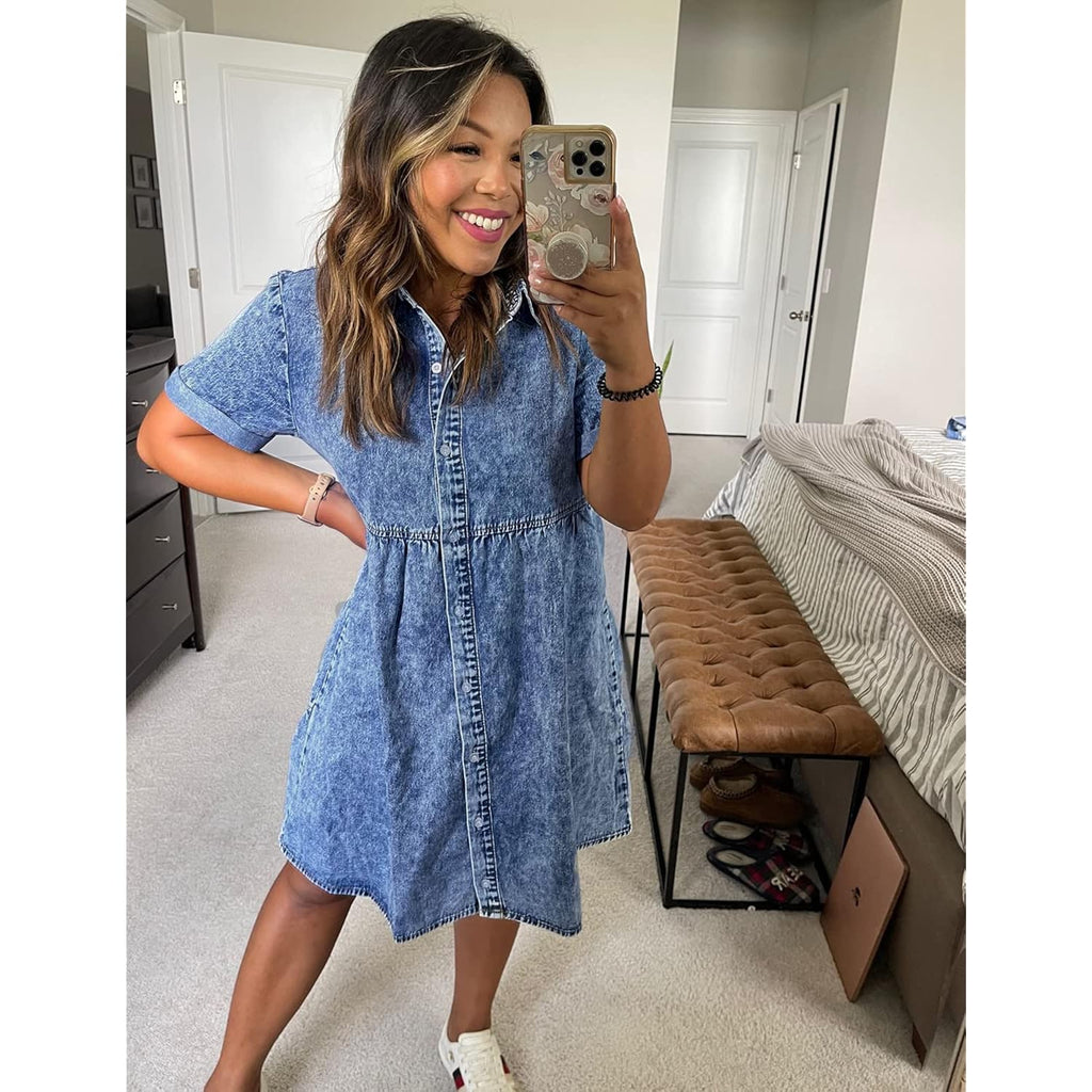 Lookbookstore Women'S Short Sleeve Button Down Flowy Tiered Babydoll Denim Dress