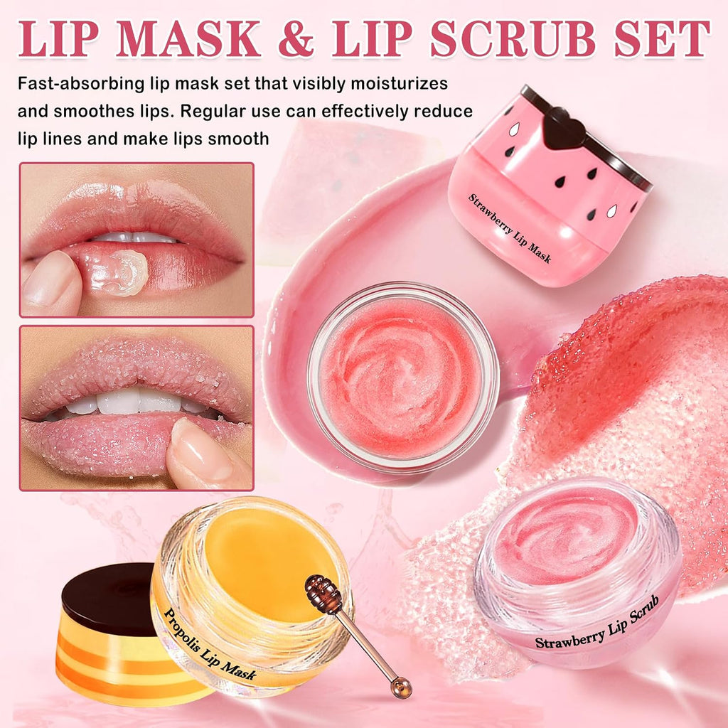 4Pcs Lip Scrub And Mask Set,Strawberry And Honey Pot Lip Balm,Reduces Lip Lines Lip Exfoliator Scrub And Moisturizer,Repair Bee Lip Balm And Lip Scrub Set,Lip Mask Overnight