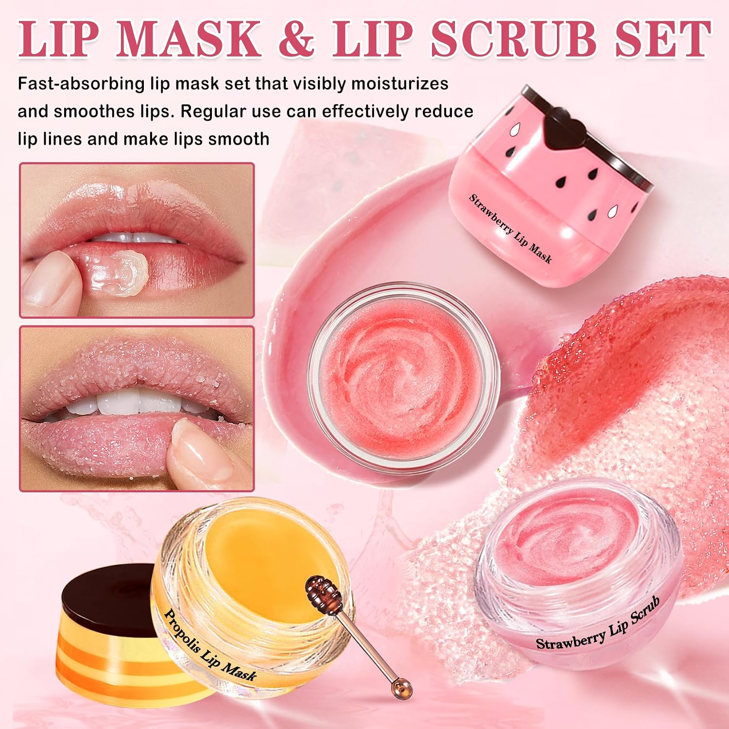 4Pcs Lip Scrub And Mask Set,Strawberry And Honey Pot Lip Balm,Reduces Lip Lines Lip Exfoliator Scrub And Moisturizer,Repair Bee Lip Balm And Lip Scrub Set,Lip Mask Overnight
