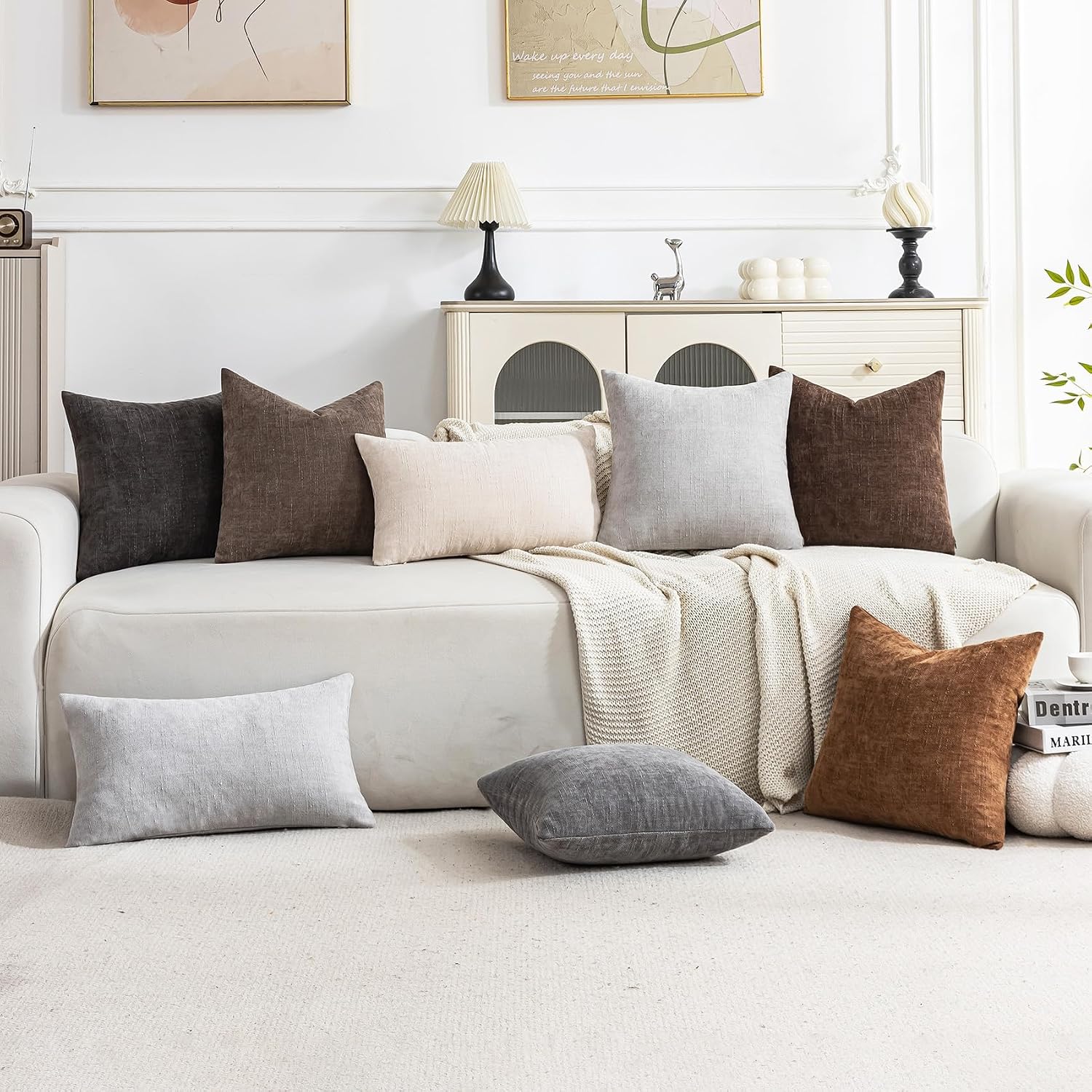 Set Of 4 Soft Textured Throw Pillow Covers 18X18 Inch Cozy Decorative Farmhouse Cushion Cover Square Accent Pillow Cases For Bed Couch Sofa Living Room, Beige Taupe Brown