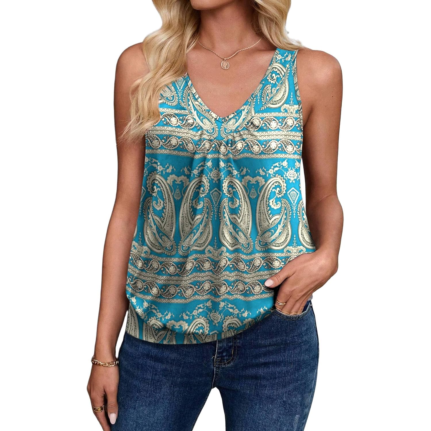 Zeagoo Womens Tank Tops Loose Fit V Neck Ruched Sleeveless Tops Casual Basic Banded Shirts S-Xxl