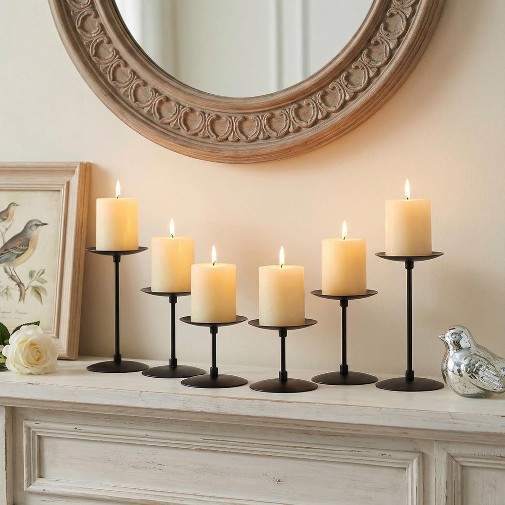 Elsjoy Set of 6 Black Pillar Candle Holders, Metal Pillar Candle Stand Fireplace Candelabras Set for Home Decor, Table Centerpiece, Wedding, 3 Sizes