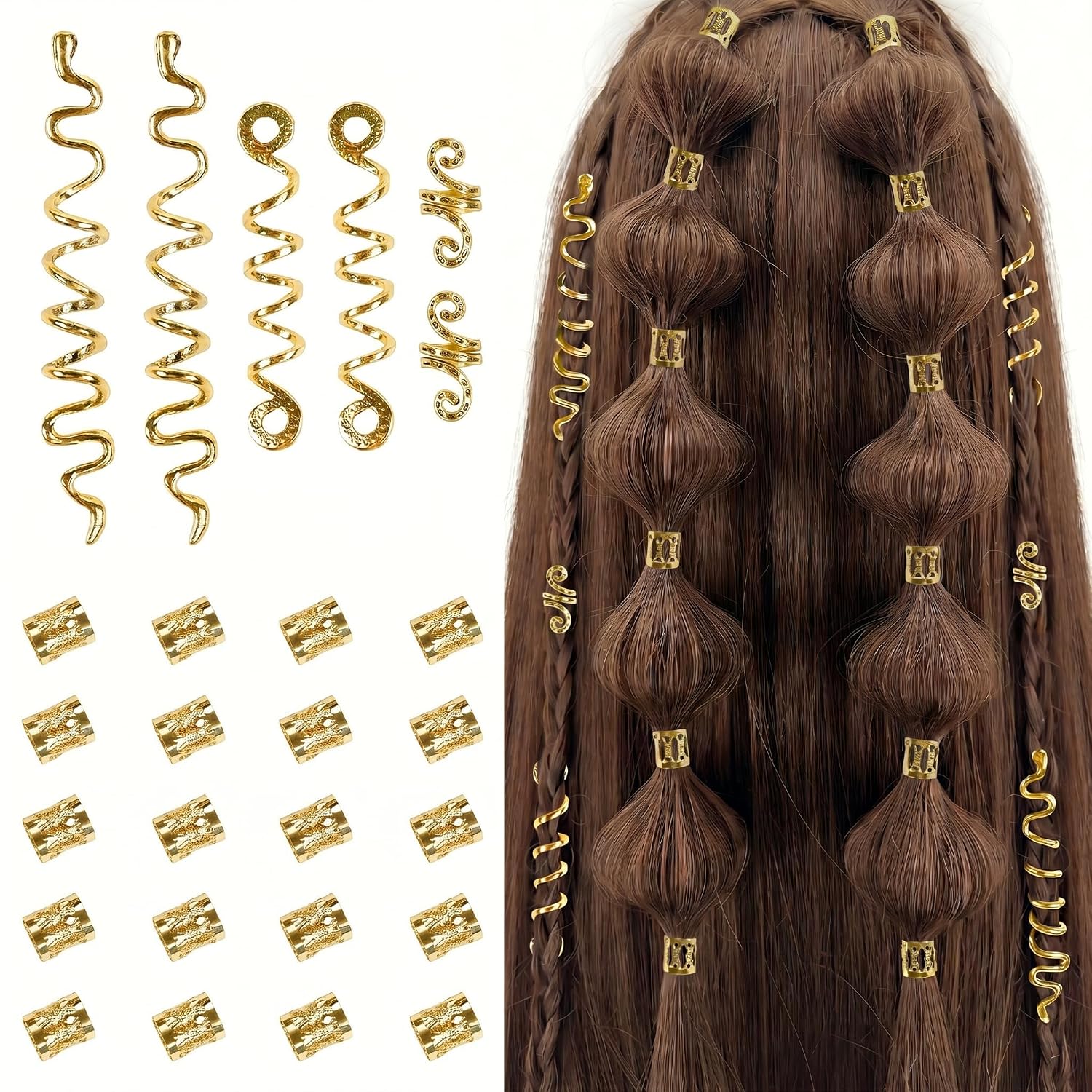 Tebiekoy 26Pcs Gold Hair Accessories For Women Loc Hair Jewelry For Braids Metal Dreadlock Beads Set Snake Hair Clips Decoration Gold