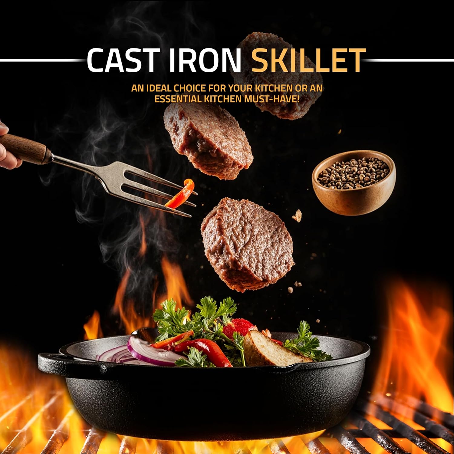 Utopia Kitchen Premium Cast Iron Skillets 12 Inch, Chef's Pan, Pre-Seasoned Frying Pan, Stovetop, Oven, Campfire and Grill Large Skillet, Even Heat Distribution Multipurpose Cast Iron Pan - Black