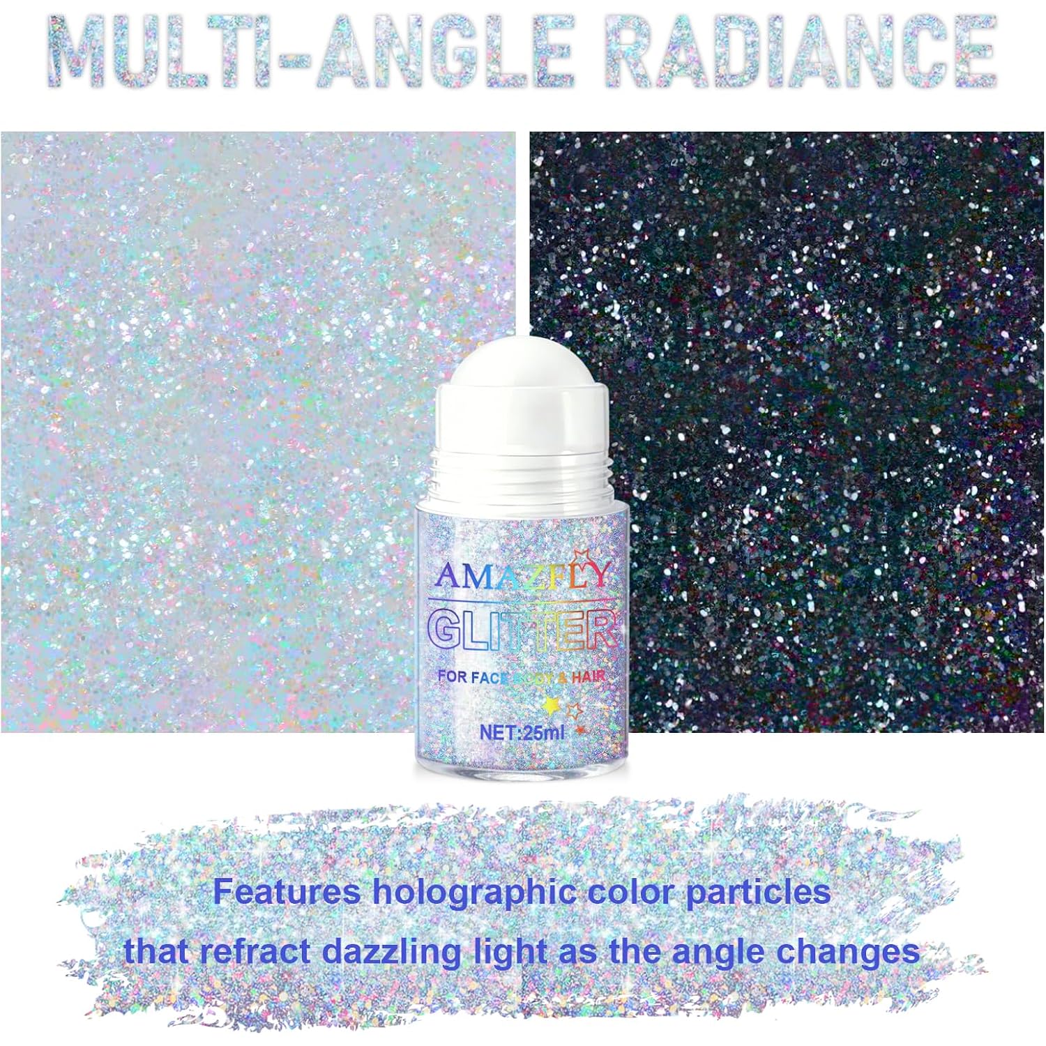 Roll-on Holographic Body Glitter Gel for Face and Hair, Chameleon Color Changing Glitter Gel Under Light, Chunky Mermaid Sequins Shimmer Makeup for Halloween Party Rave Accessories (Glint-Rainbow)