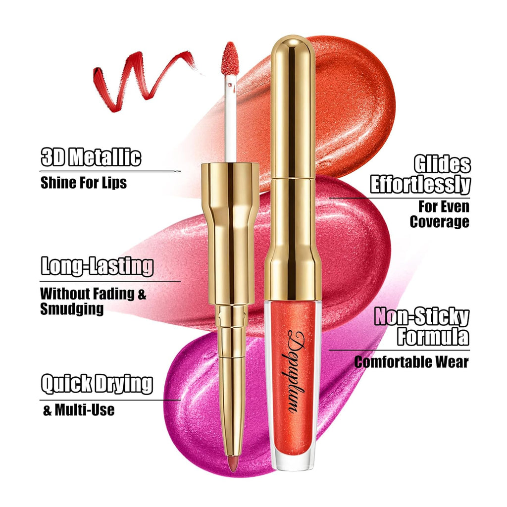 Depuplum Pink Metallic Lipstick and Lip Liner Combo Makeup 2in1 Shimmer Glitter Lipsticks for Women Metallic Lip Gloss Stain Waterproof Smudgeproof Nude Long Lasting Lipsticks (GB19 Daring)