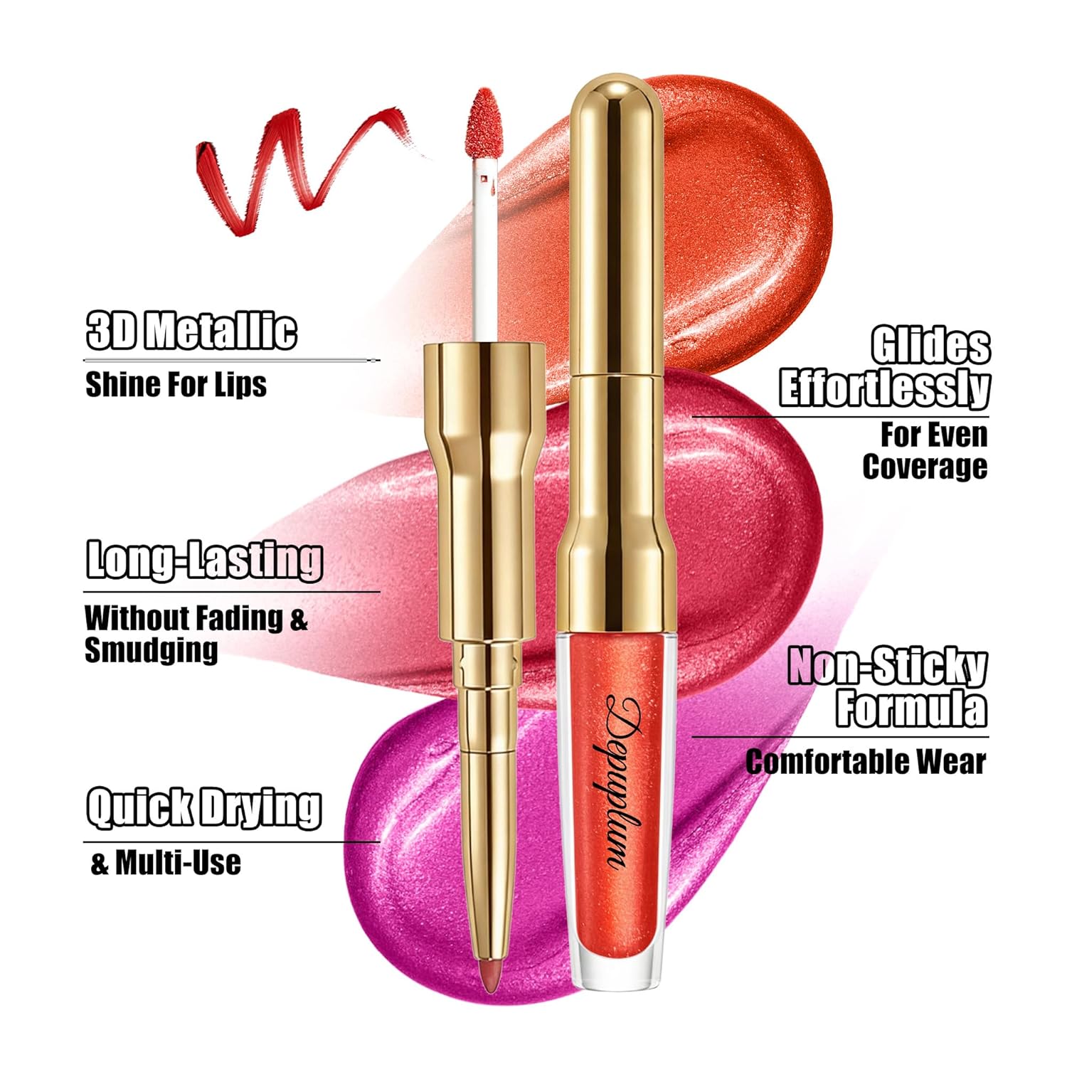 Depuplum Pink Metallic Lipstick and Lip Liner Combo Makeup 2in1 Shimmer Glitter Lipsticks for Women Metallic Lip Gloss Stain Waterproof Smudgeproof Nude Long Lasting Lipsticks (GB19 Daring)