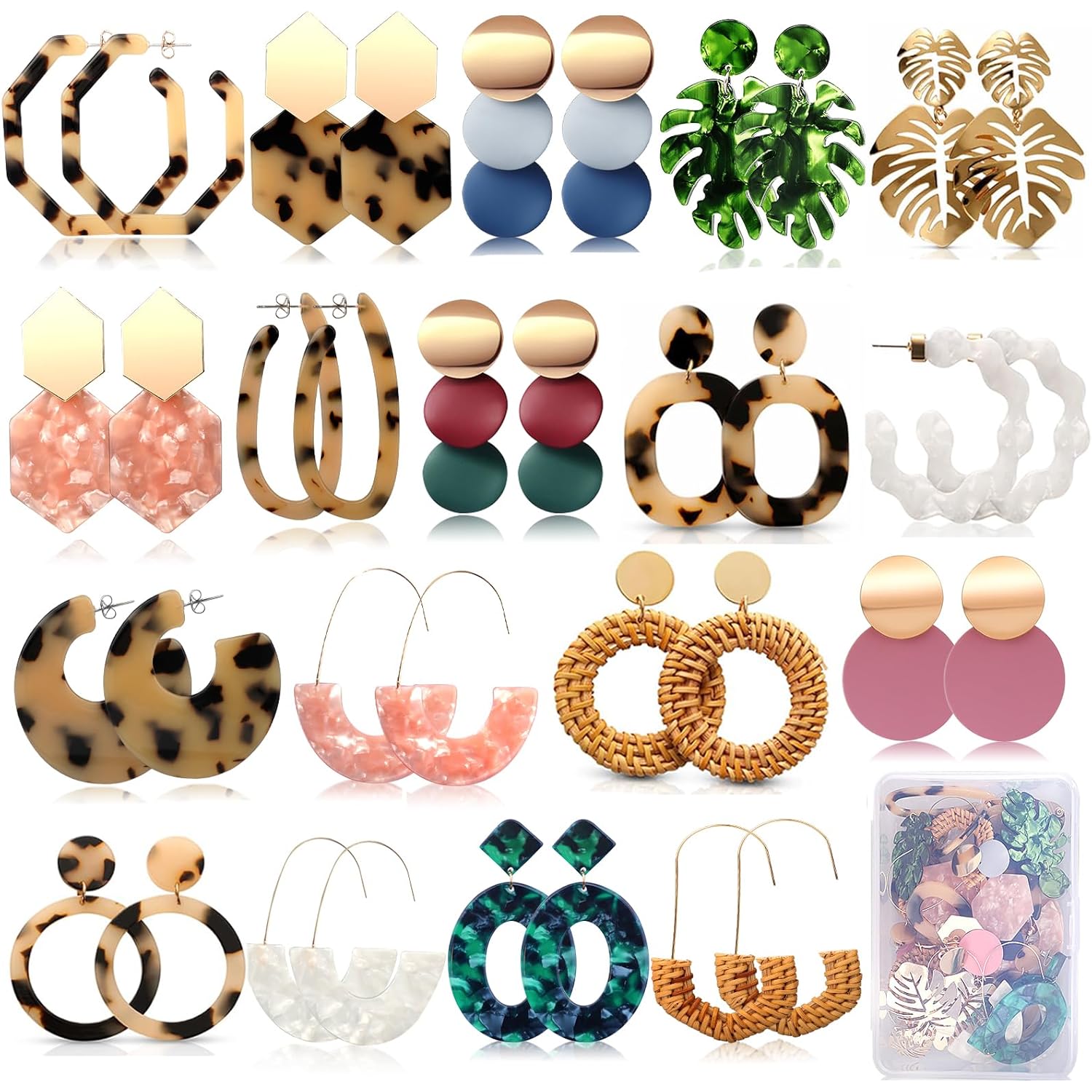 18 Pairs Vacation Statement Earrings for Women Straw Rattan Earrings Acrylic Resin Hoop Drop Dangle Earrings Set Hypoallergenic for Sensitive Ears
