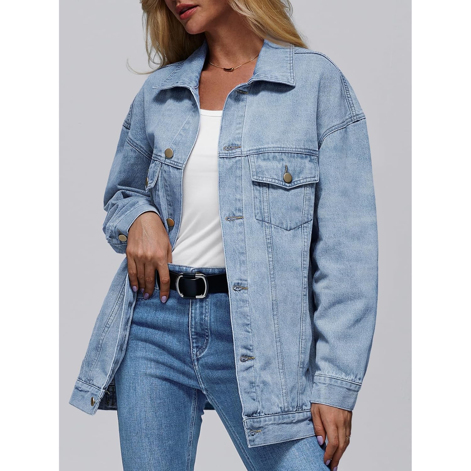 Automet Women'S Oversized Jeans Jacket, Classic Button Down Denim Jacket With Chest Pockets, Loose Fit Boyfriend Style Coat
