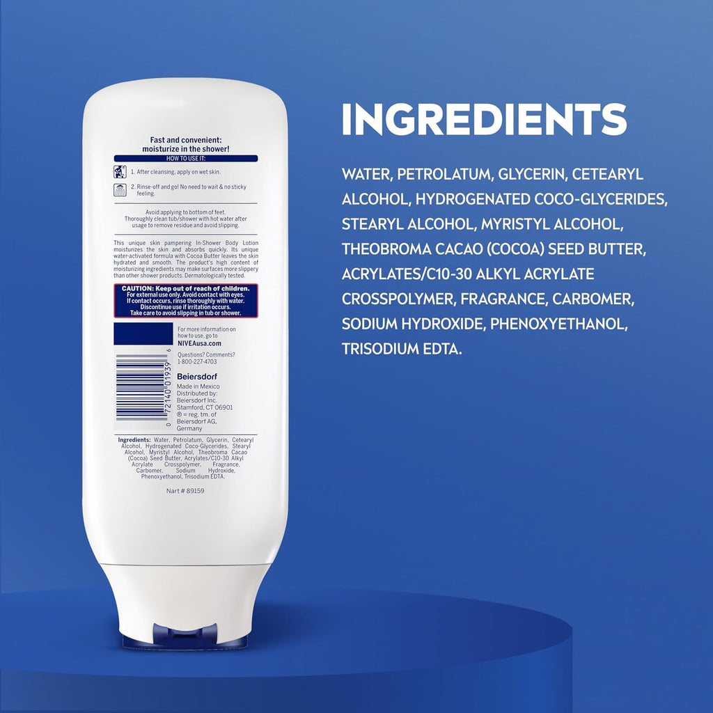Nivea Cocoa Butter In Shower Lotion, Water Activated In Shower Moisturizer For Dry Skin To Very Dry Skin, 13.5 Fl Oz Bottle