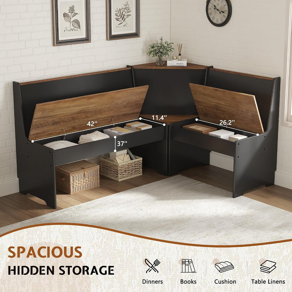 3-Piece Corner Dining Set With Hidden Storage, Black Oak | Breakfast Nook, L-Shaped Corner Bench, Hidden Storage, Space Saving Design For Small Space, Kitchen Dining Room Furniture