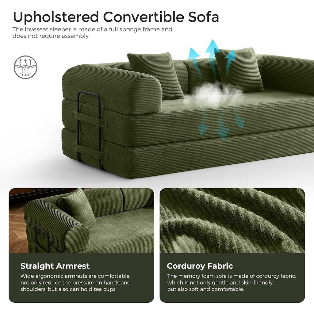 79" Convertible Sofa Bed With Fixed-Shape Frame & Removable Armrests, Modular Corduroy Sleeper Sofa, Folding Mattress Couch For Small Spaces - No Assembly Needed In Green (Includes 2 Pillows)