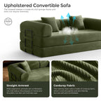 79" Convertible Sofa Bed With Fixed-Shape Frame & Removable Armrests, Modular Corduroy Sleeper Sofa, Folding Mattress Couch For Small Spaces - No Assembly Needed In Green (Includes 2 Pillows)