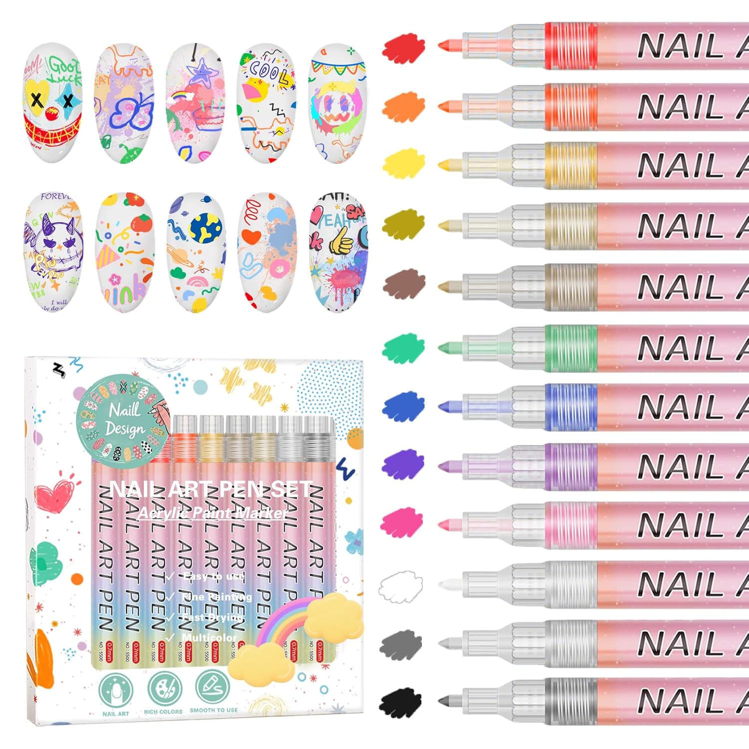 IONSGAKO 12 Colors Nail Art Pens Set, Nail Polish Pens for Nail Art Quick Drying 3D Acrylic Paint Markers for Painting Dotting Liner Pen Nail Salon DIY Design Kit 0.7mm