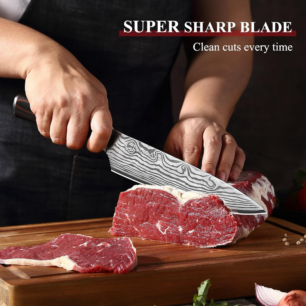 8 Inch Chef Knife - Ultra Sharp 12-15 Degree Edge Kitchen Knife For Meat Vegetable Cutting Japanese Style, High Carbon Stainless Steel Blade, Pakkawood Handle &Sheath, Cooking & Bbq Gift
