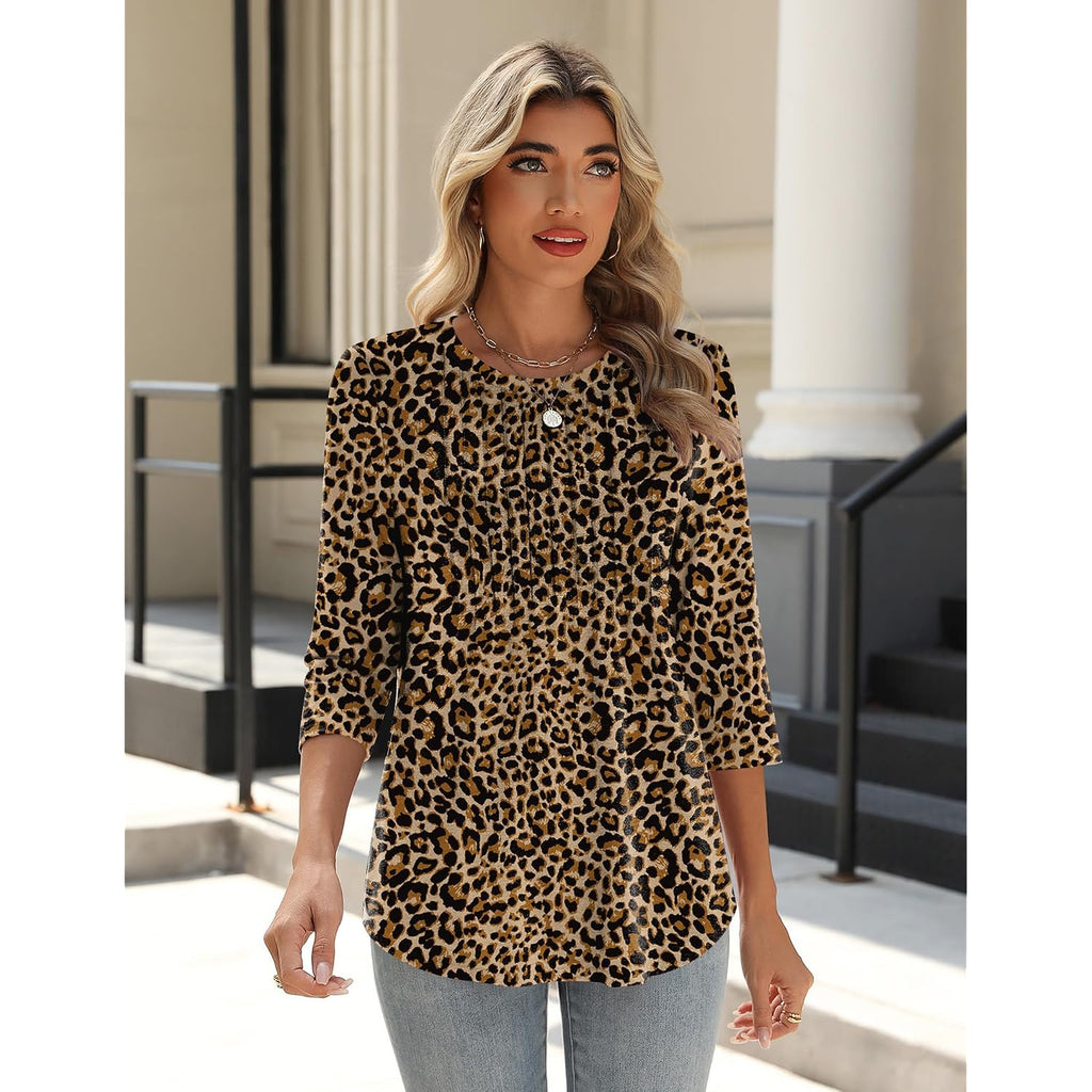 Zeagoo 3/4 Length Sleeve Womens Tops Crew Neck Loose Fit Shirts Pleated Cute Clothes Dressy Casual 2026 Summer Tunics