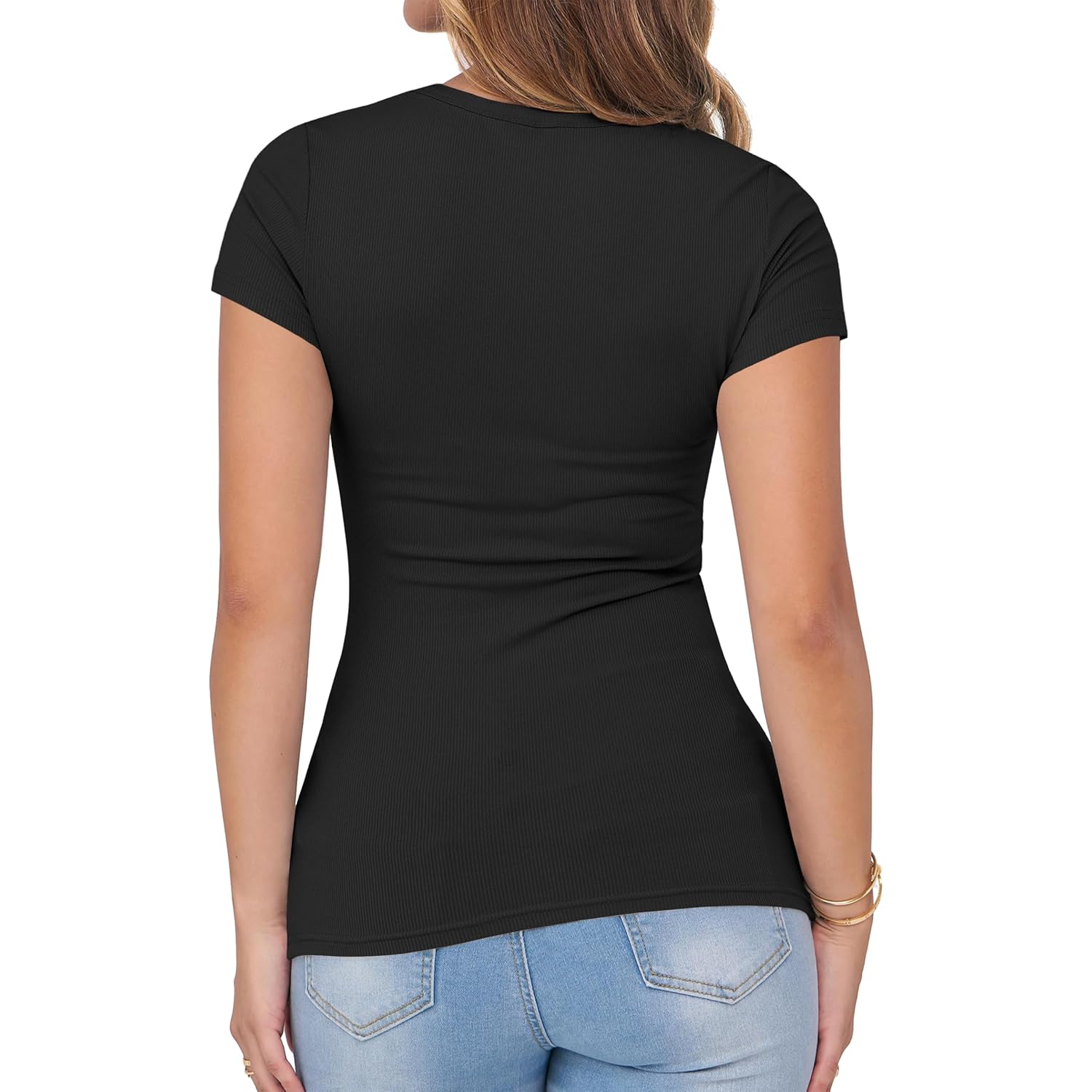 Women Short Sleeve T-Shirt Cap V Neck Shirts for Women Ribbed Casual Top Knit Slim Fit for Summer