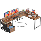 63 Inch L Shaped Desk With Power Outlets And Usb-C Port, Computer Corner Home Office Desk With File Fabric Drawers And Movable Monitor Stand, Larger Storage, Gaming, Writing, Rustic Brown