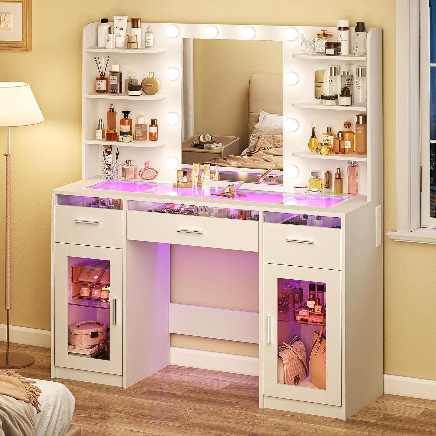 Vanity Desk, Makeup Vanity Desk With Mirror And Lights 3 Colors, Transparent Top With 3 Rgb Drawers, 6 Shelves, 2 Large Tempered Cabinets, Power Outlet, For Bedroom, White